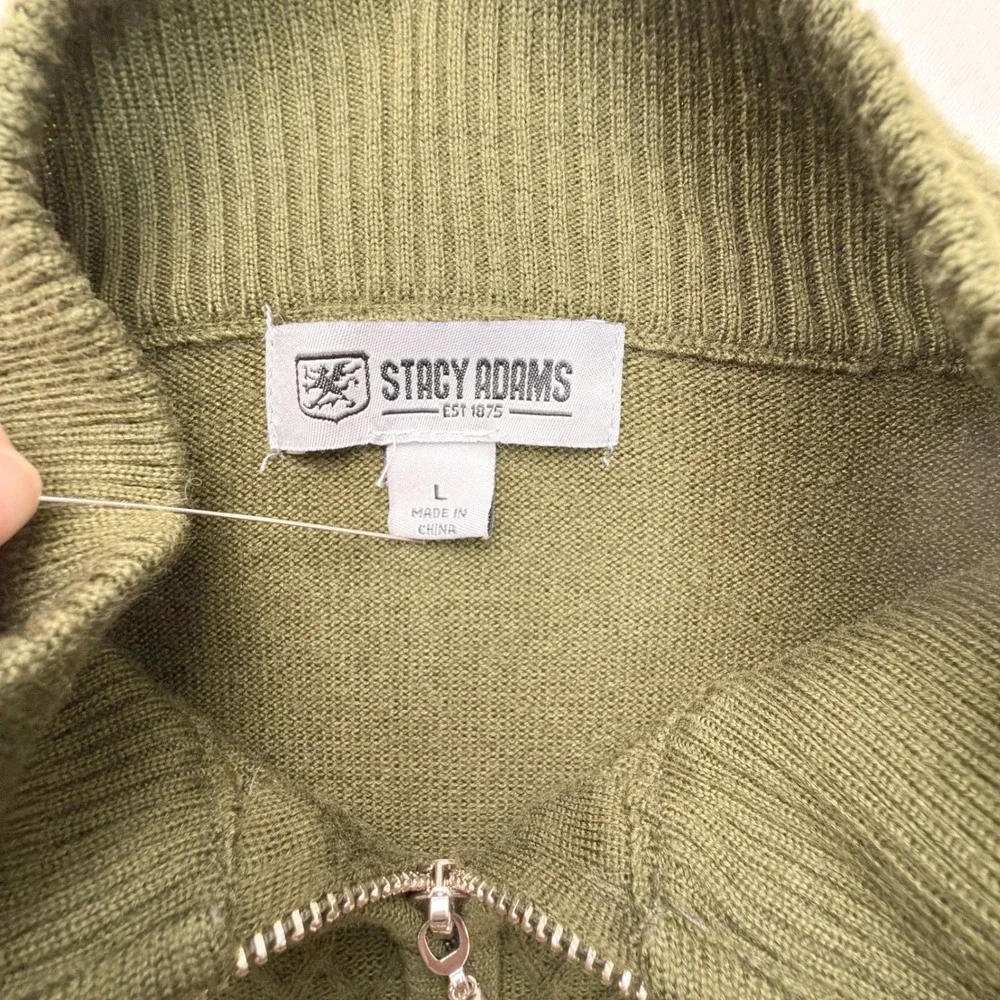 Stacy Adams Sweater Mens Large 1/4 Zip Cable Knit Olive Green Elbow Patch